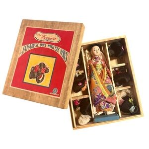 Vintage “Hanako” Japanese Doll with Six Wigs in Original Wooden Box